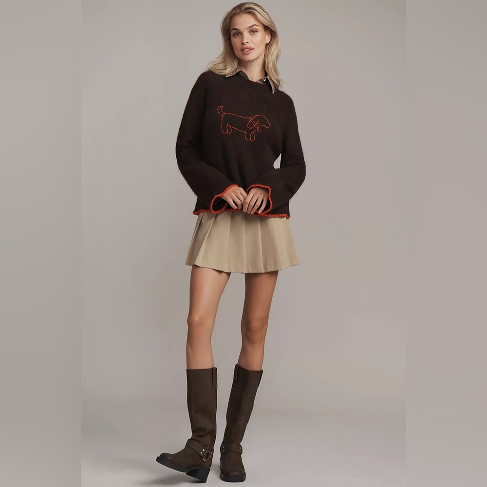 Anthropologie Flat White Mock-Neck Embroidered Dog Icon Dachshund Sweater
